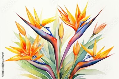 Papier peint  Colorful watercolor painting of unique strelitzia flowers resembling bird of paradise on a plain white backdrop. Generative AI