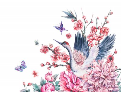 Papier peint  Composition asiatique avec un oiseau et des papillons