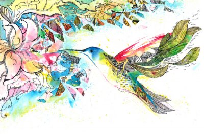 Papier peint  Composition colorée avec des oiseaux et de plantes