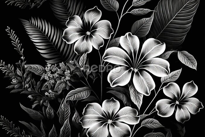 Papier peint  Composition de fleurs noires et blanches