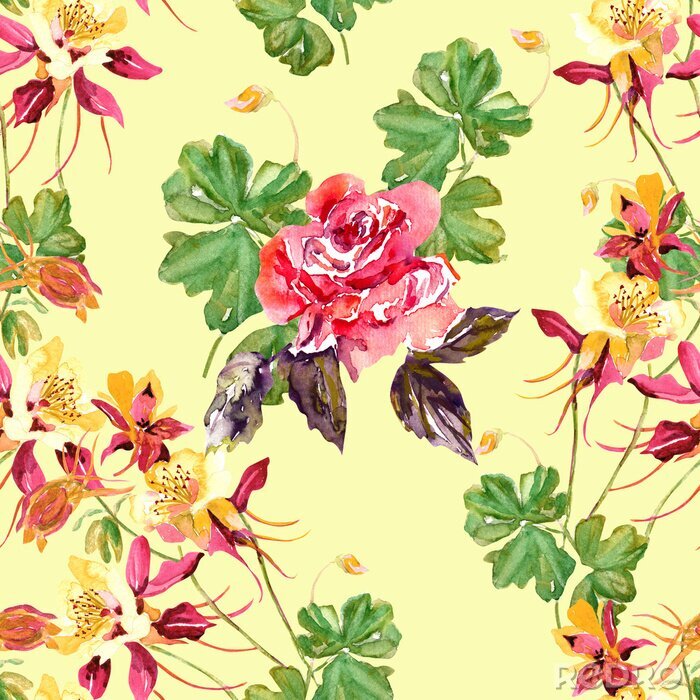 Papier peint  Composition de roses et feuilles colorées