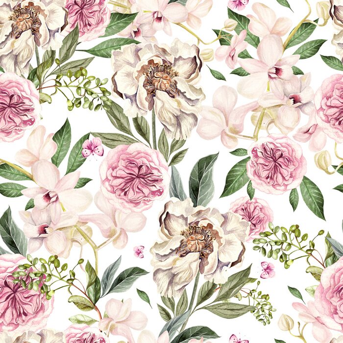 Papier peint  Composition florale pivoines et feuilles