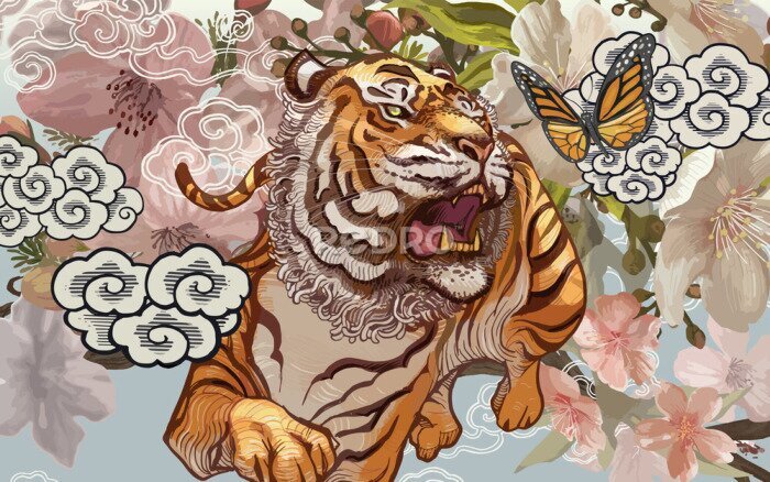 Papier peint  Composition orientale tigre et papillon