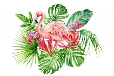 Papier peint  Composition with flamingos, flowers,  fire lily, monstera, palm leaves, barberry berries, strelitzia leaf on an isolated white background, watercolor drawing