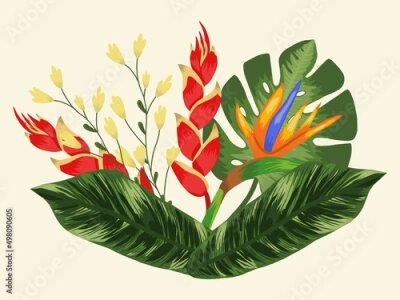 Papier peint  Composition with tropical flowers heliconia and strelitzia, leaves palm and monstera. Vector on a light background