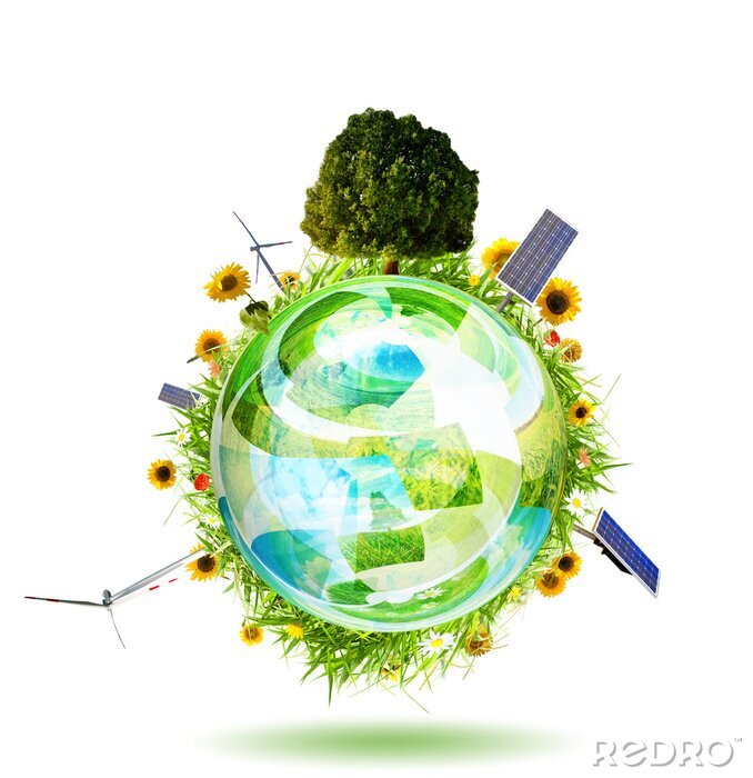 Papier peint  Concept de monde vert avec aérogénérateur, panneau solaire et la turbine