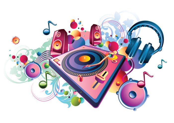 Papier peint  Conception musicale - platine brillante, notes et haut-parleurs