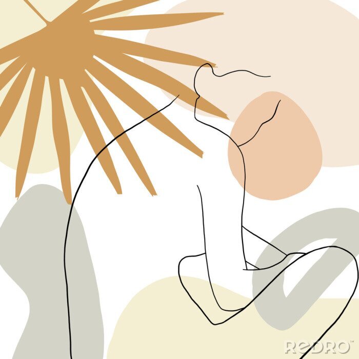 Papier peint  Continuous line, drawing of woman face, fashion concept, woman beauty minimalist with geometric doodle Abstract floral elements pastel colors. One line continuous drawing. vector illustration