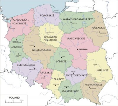 Contour carte de la Pologne avec voïvodies, des rivières et des lacs