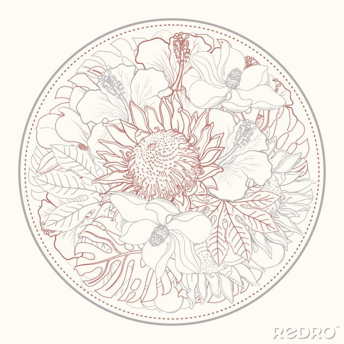 Papier peint  Contours colorés de magnolias et de plantes tropicales