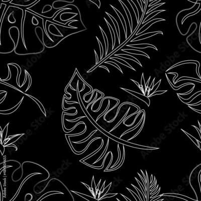 Papier peint  Contours of tropical leaves of monstera, fern and Strelitzia flowers seamless pattern on a black background. Design for textile, wallpaper, summer, leisure, website, wrapping paper. Isolated vector