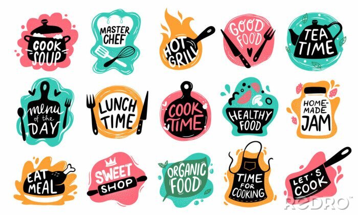 Papier peint  Cooking food lettering. Kitchen badge logos, baking foods typography and cook labels vector set