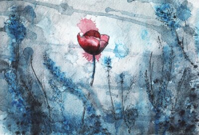 Papier peint  Coquelicot rouge parmi des fleurs bleues