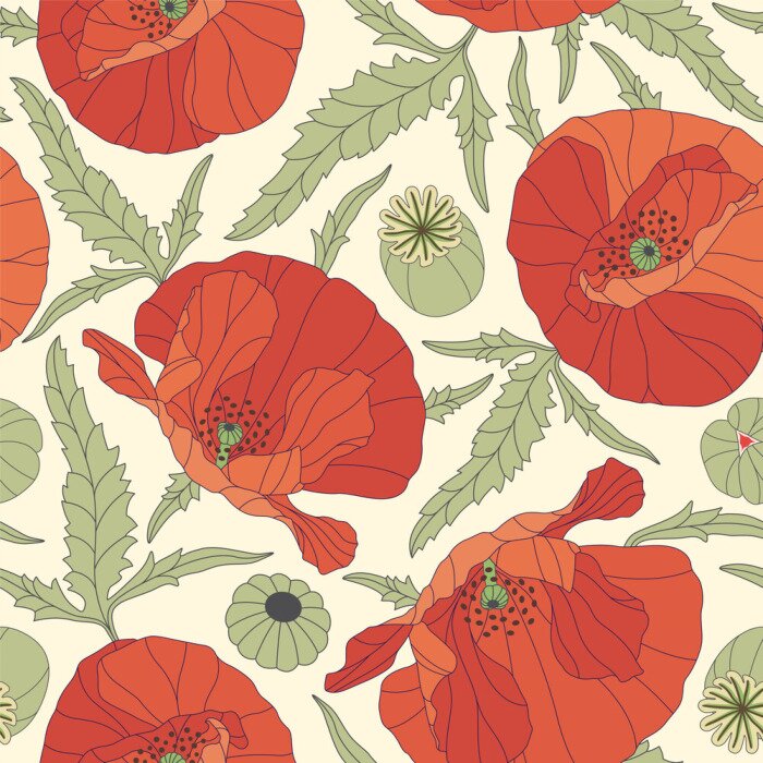 Papier peint  Coquelicots et feuilles style graphique