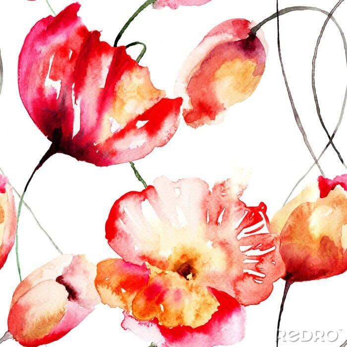 Papier peint  Coquelicots et tulipes romantiques