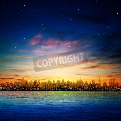 Papier peint  Coucher de soleil et étoiles en ville