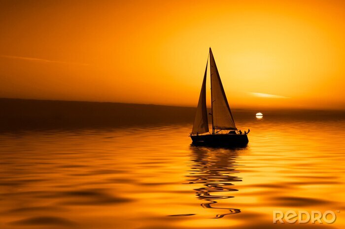 Papier peint  Coucher de soleil orange et un bateau
