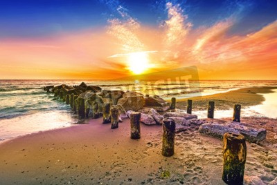 Papier peint  Coucher de soleil sur la digue de la mer