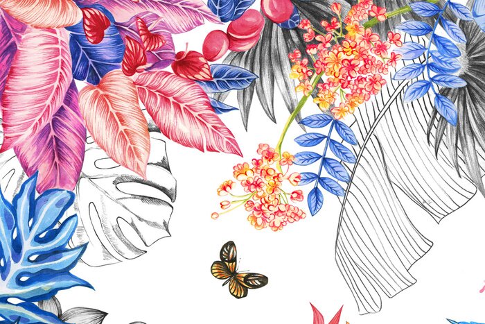 Papier peint  Couleurs de la jungle grise et aquarelle