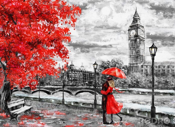 Papier peint  Couple à Londres avec un parapluie rouge sur fond de paysage pittoresque
