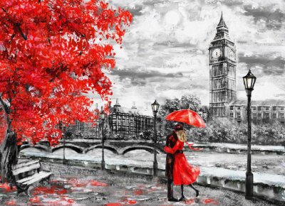 Papier peint  Couple à Londres avec un parapluie rouge sur fond de paysage pittoresque