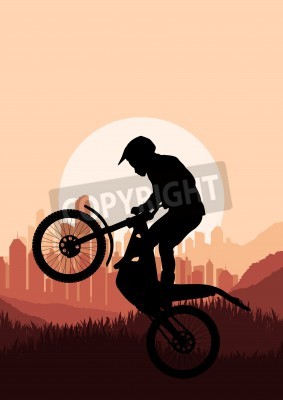 Papier peint  coureur de moto dans la ville de gratte-ciel fond de paysage illustration