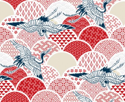 crane bird traditional kimono pattern vector sketch illustration line art japanese chinese oriental design