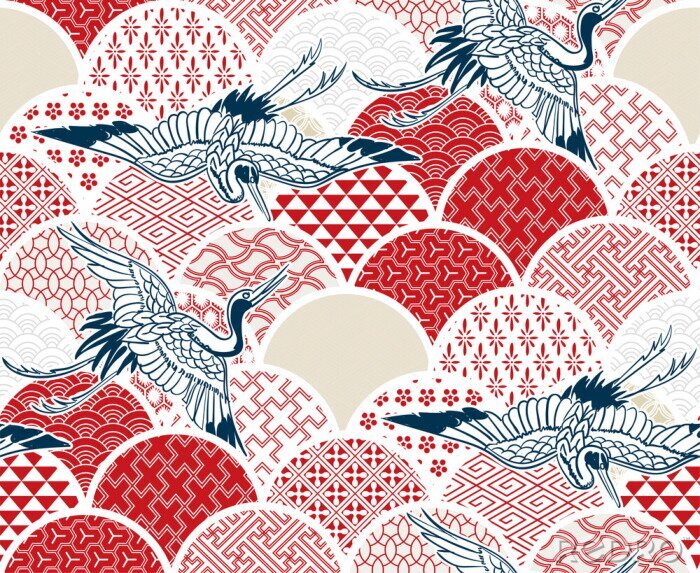 Papier peint  crane bird traditional kimono pattern vector sketch illustration line art japanese chinese oriental design