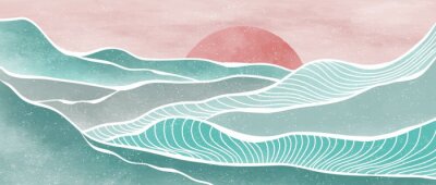Creative minimalist modern paint and line art print. Abstract ocean wave and mountain contemporary aesthetic backgrounds landscapes. with sea, skyline, wave. vector illustrations
