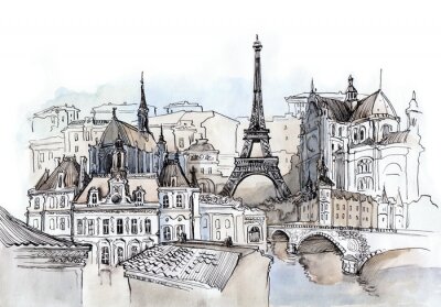 Papier peint  Croquis dessiné à la main de la tour Eiffel avec un arrière-plan urbain