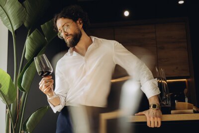 Papier peint  Curly man at home in a good kitchen holding a glass of red wine and looking at him. On the background of a beautiful strelitzia flower