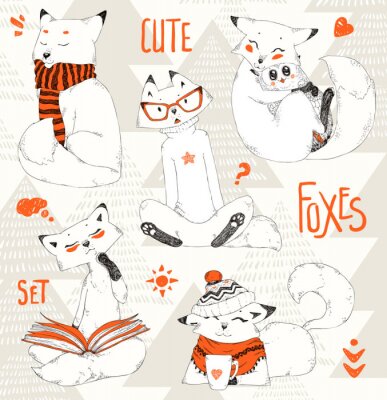 Cute Foxes set, collection de croquis doodle, animaux de bande dessinée drôle en casquettes, chandails et écharpes. Little Fox embrasse le hibou. Noël, conception, hiver, pattern.hand, dessiné, vecteu