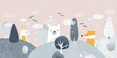 Papier peint  Cute pastel winter forest landscape with animals. Childish trendy print. Vector hand drawn illustration.