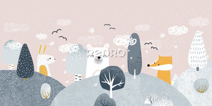 Papier peint  Cute pastel winter forest landscape with animals. Childish trendy print. Vector hand drawn illustration.