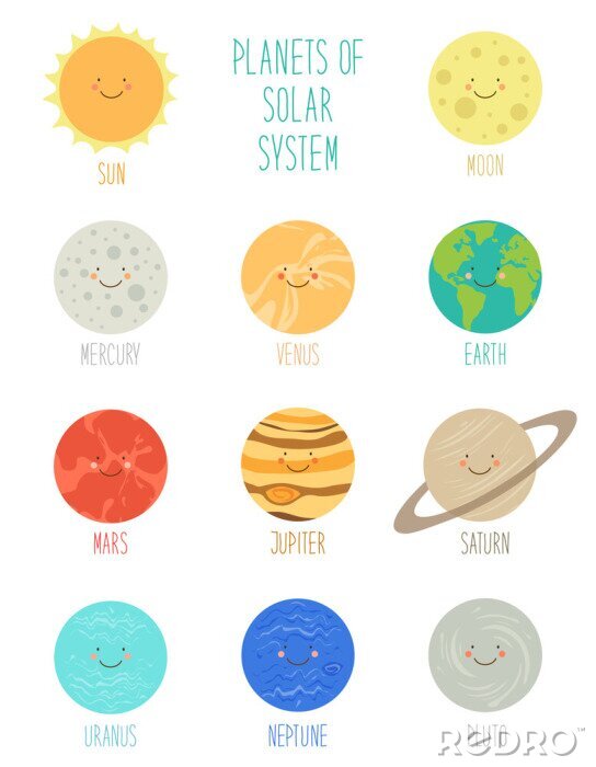Papier peint  Cute personnage souriant de la planète des planètes du système solaire. Contexte enfantin