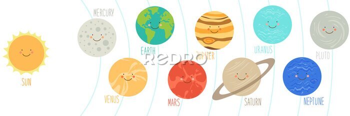 Papier peint  Cute personnages de dessin animé souriant de planètes du système solaire, peut être utilisé pour l'éducation des enfants comme des cartes, des livres, des bannières. Contexte enfantin