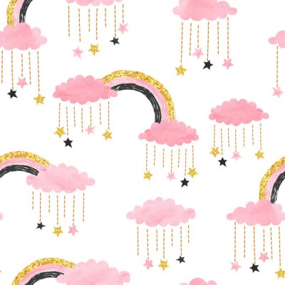 Cute pink seamless pattern with rainbows, clouds and stars. Vector watercolor illustration for kids.