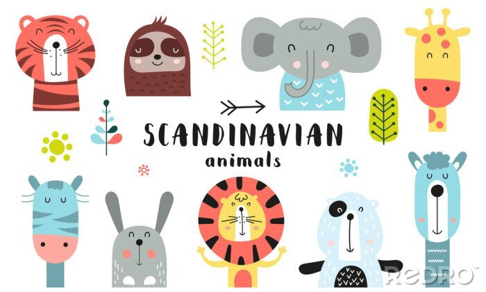 Papier peint  Cute scandinavian animals set. Hand drawn. Doodle cartoon animals for nursery posters, cards, kids t-shirts. Vector illustration. Tiger, lazy sloth, elephant, giraffe, zebra, hare, lion, bear, llama.