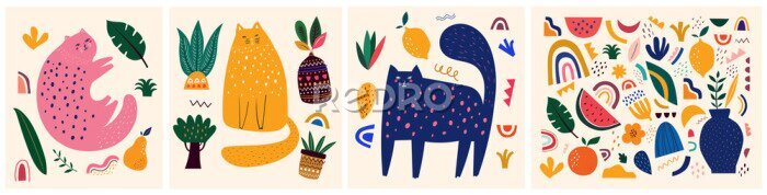 Papier peint  Cute spring pattern collection with cat. Decorative abstract horizontal banner with colorful doodles. Hand-drawn modern illustrations with cats, flowers, abstract elements