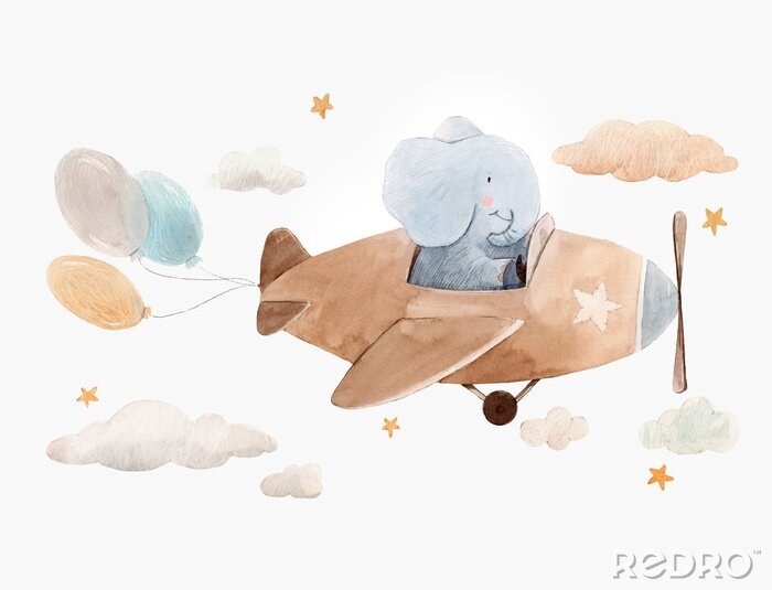 Papier peint  Cute watercolor artwork with baby elephant on the plane with air baloons, clouds and stars. Stock illustration.