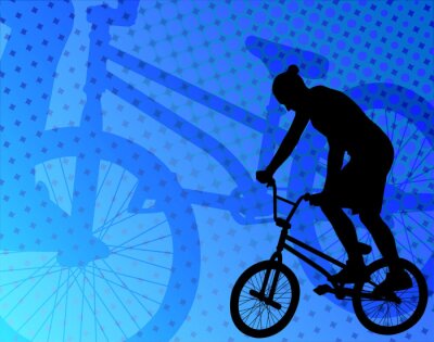 Cycliste sur vélo et fond bleu