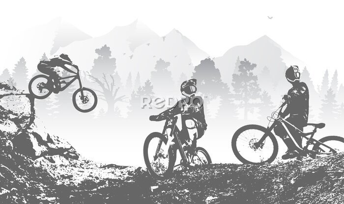 Papier peint  Cyclistes sur un sentier de montagne graphisme monochrome