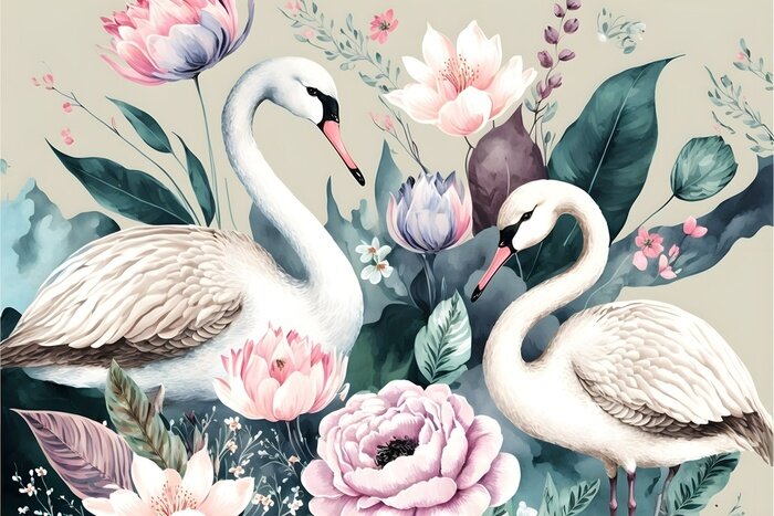 Papier peint  Cygnes parmi les fleurs