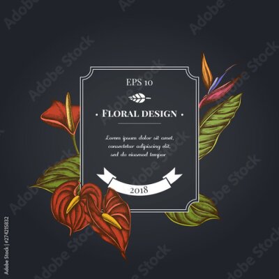 Papier peint  Dark badge design with gloriosa, anthurium, strelitzia