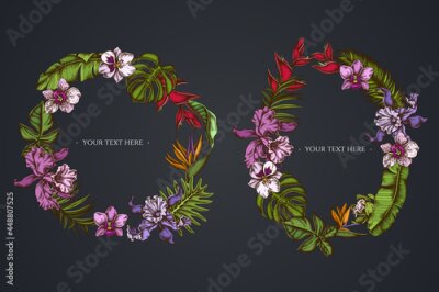 Papier peint  Dark Floral Wreath of monstera, banana palm leaves, strelitzia, heliconia, tropical palm leaves, orchid