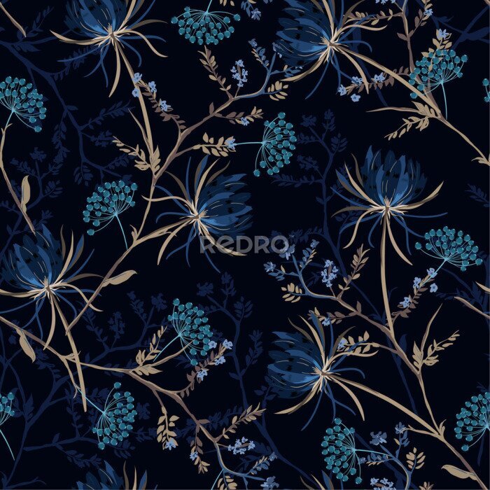 Papier peint  Dark garden night  monotone blue color Seamless pattern of soft and graceful oriental blooming flowers,botanical vector design for fashion,fabric,wallpaper,and all prints