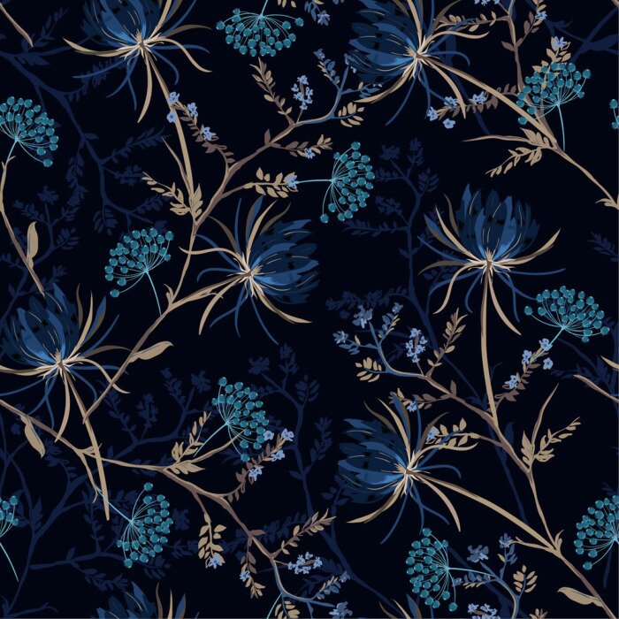 Papier peint  Dark garden night  monotone blue color Seamless pattern of soft and graceful oriental blooming flowers,botanical vector design for fashion,fabric,wallpaper,and all prints
