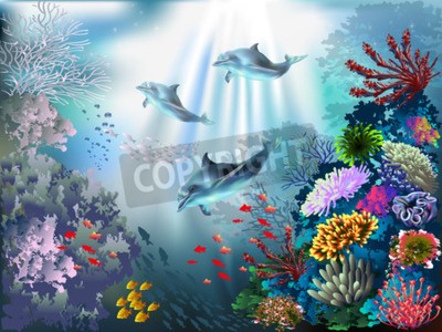 Papier peint  Dauphins et récif corallien au fond de l'océan