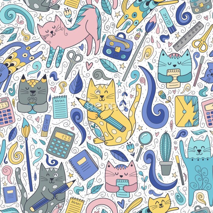 Papier peint  De drôles de chatons avec des fournitures scolaires