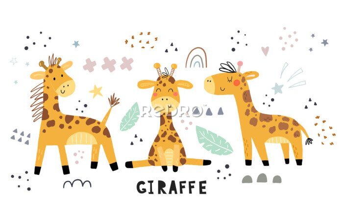 Papier peint  De joyeuses girafes sur un fond blanc.